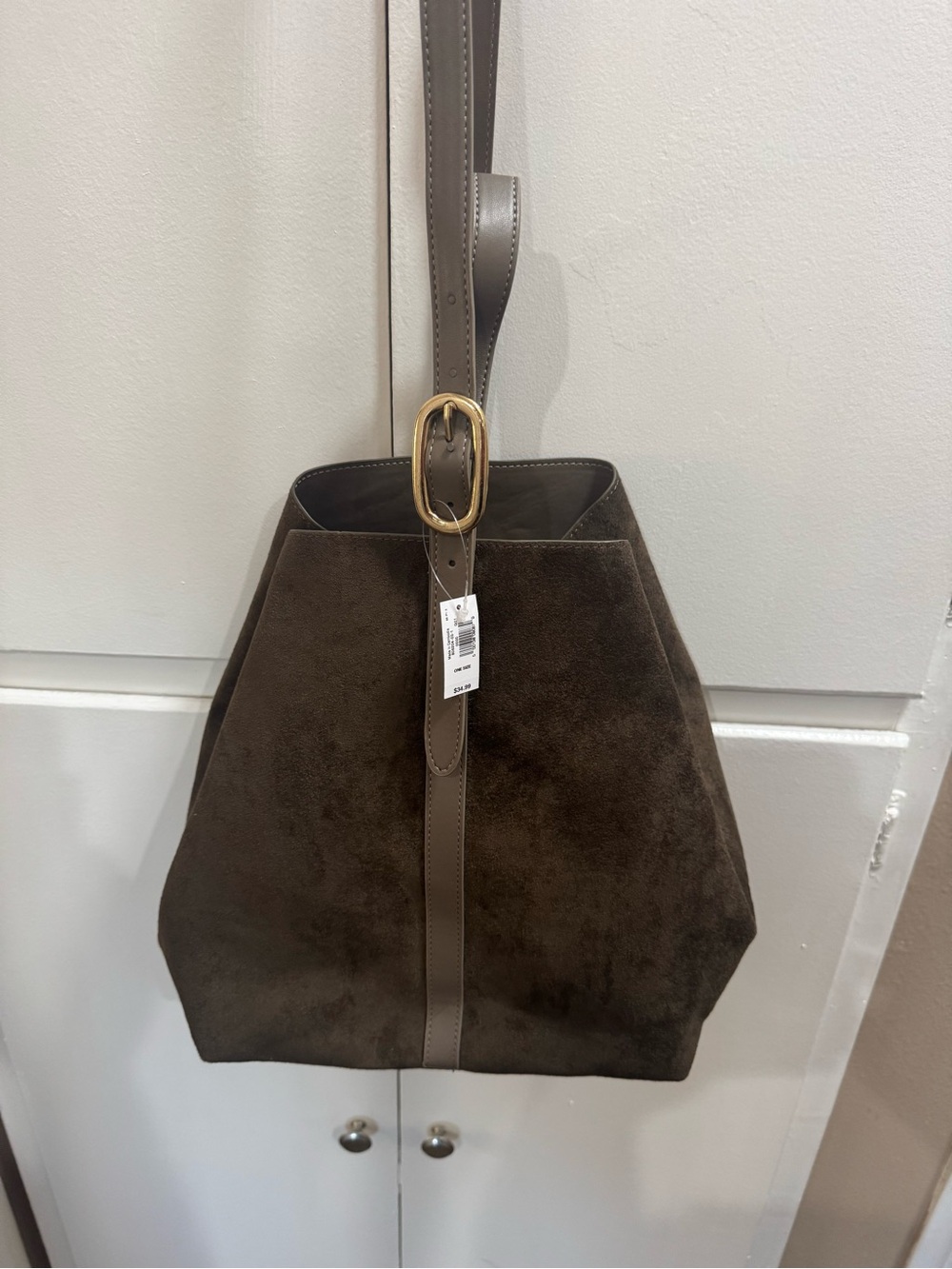Old Navy Brown Suede Shoulder Bag with Taupe Strap and Gold Buckle